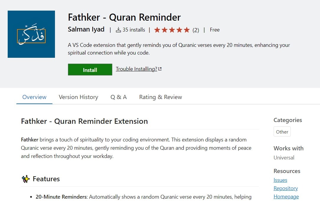 Project: Fathker Quran Reminder – VS Code Extension