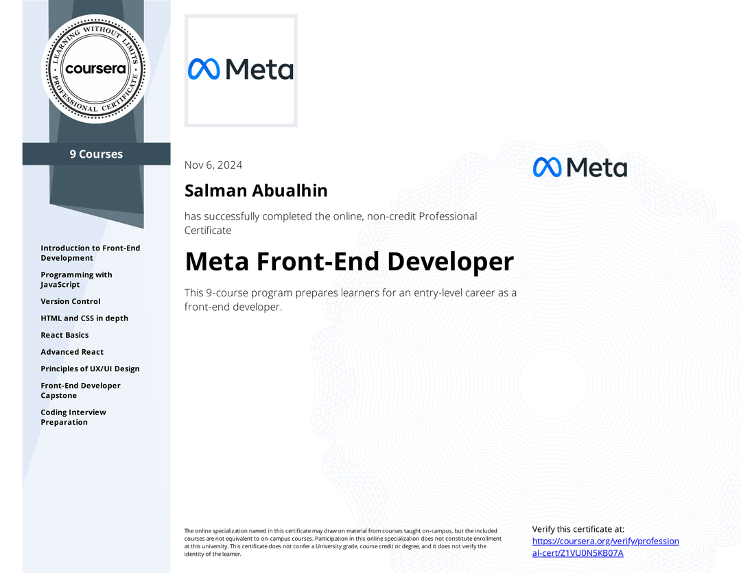 Cert: Meta FrontEnd Developer Professional Certificate